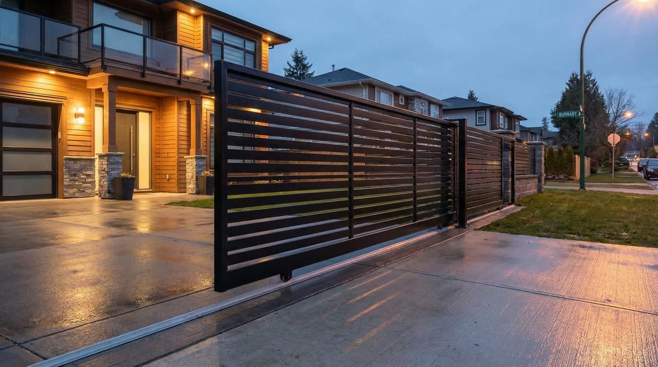 Custom cantilever sliding steel driveway gate at a modern Burnaby home