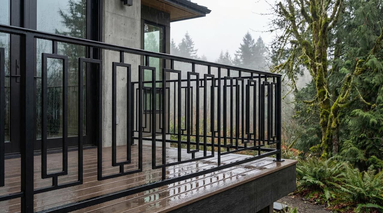 Exterior metal railing with geometric pattern on a rainy Vancouver balcony deck