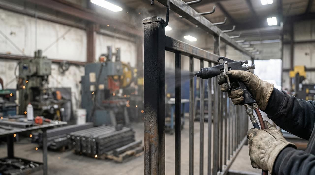 Fabricator applying powder coat finish to steel railing posts in a professional metal shop