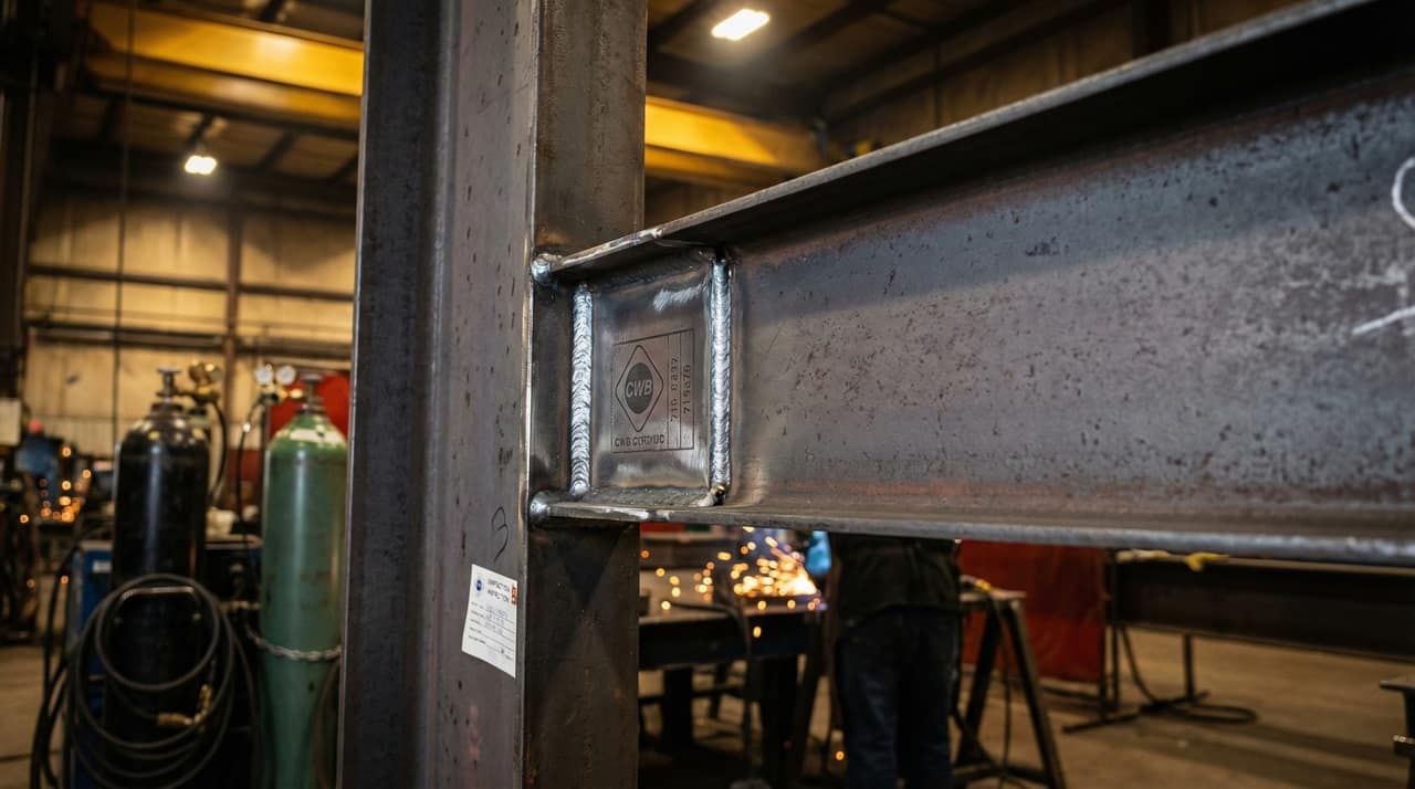 Close-up of a CWB-certified moment connection weld on a structural steel beam-to-column joint in a fabrication shop