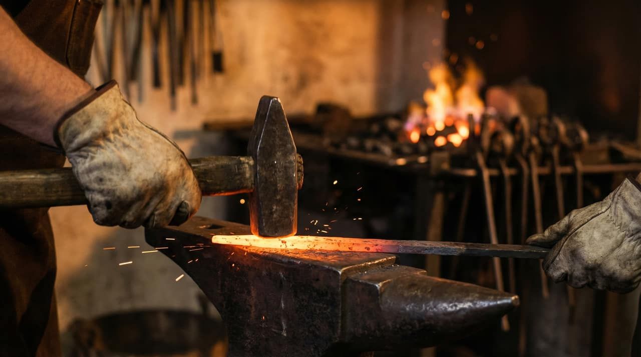Glowing hot steel bar on a blacksmith's anvil being shaped with a hammer