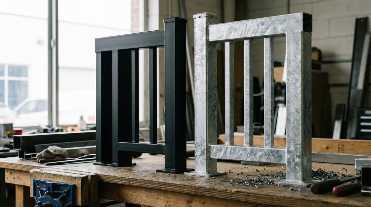 Two railing samples on a workshop bench: powder-coated black versus hot-dip galvanized