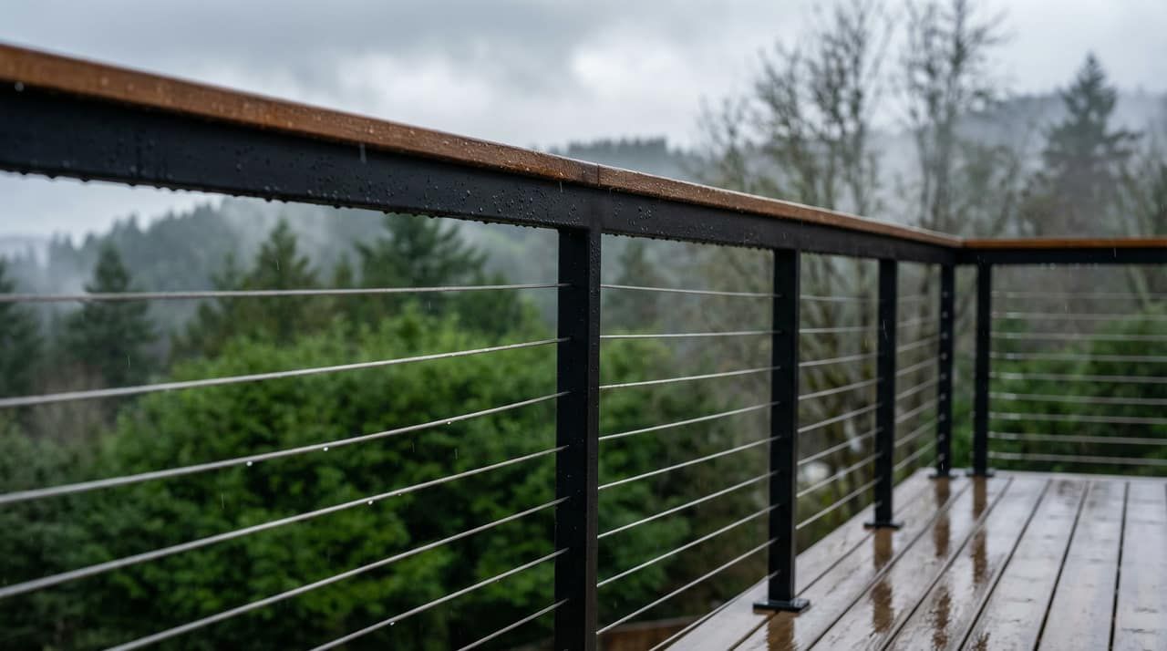 Exterior cable railing with wood handrail cap in Pacific Northwest rain showing powder coat finish performance