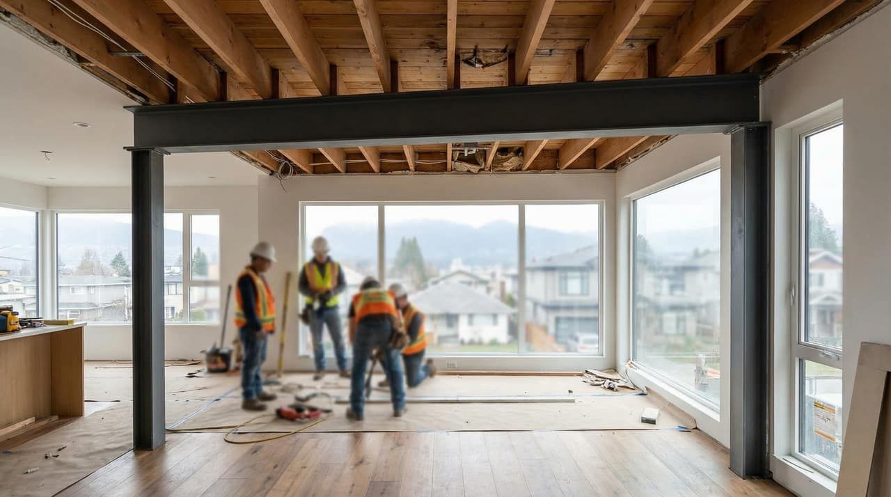 Steel beam installed in a residential open-concept renovation replacing a load-bearing wall