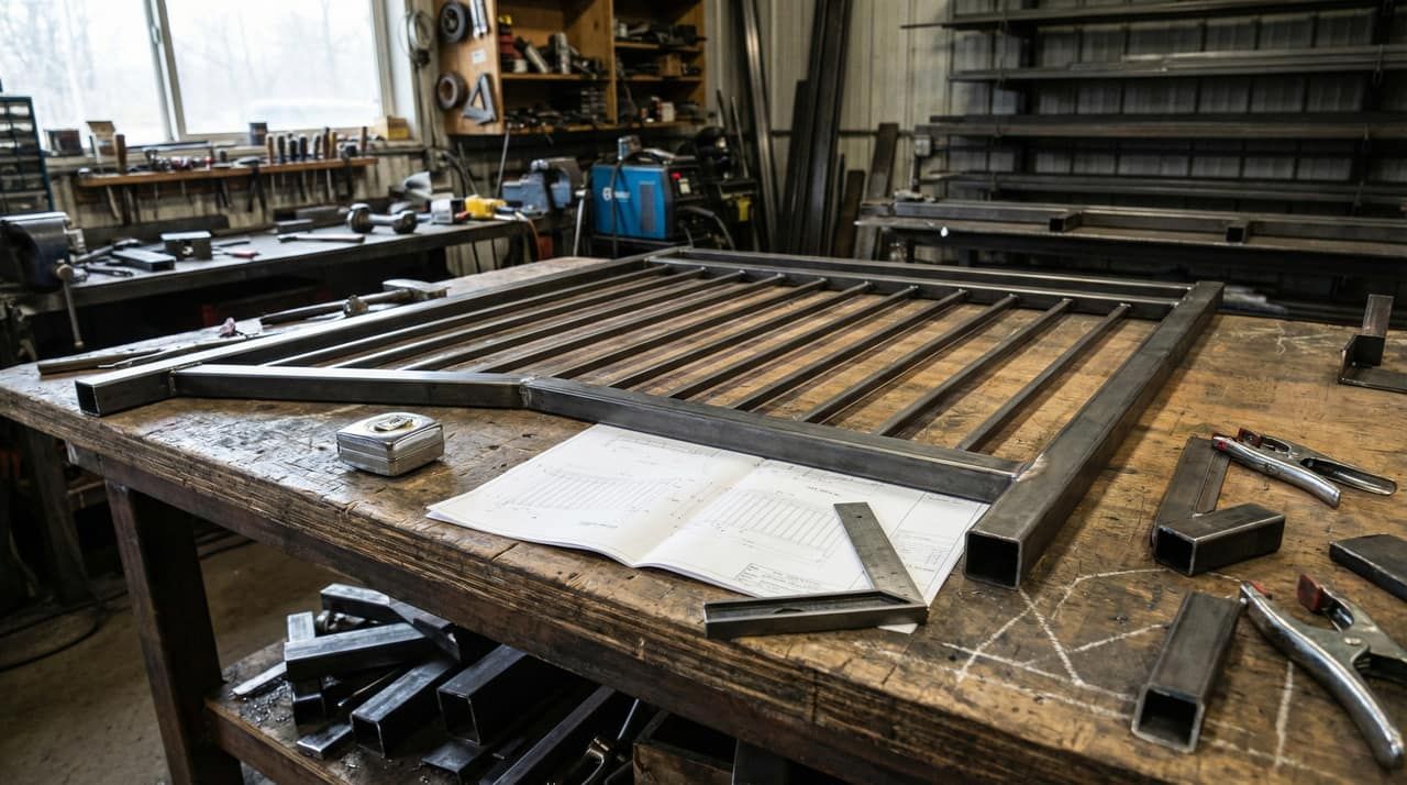 A custom welded railing section being fabricated on a workshop bench with shop drawings and measuring tools