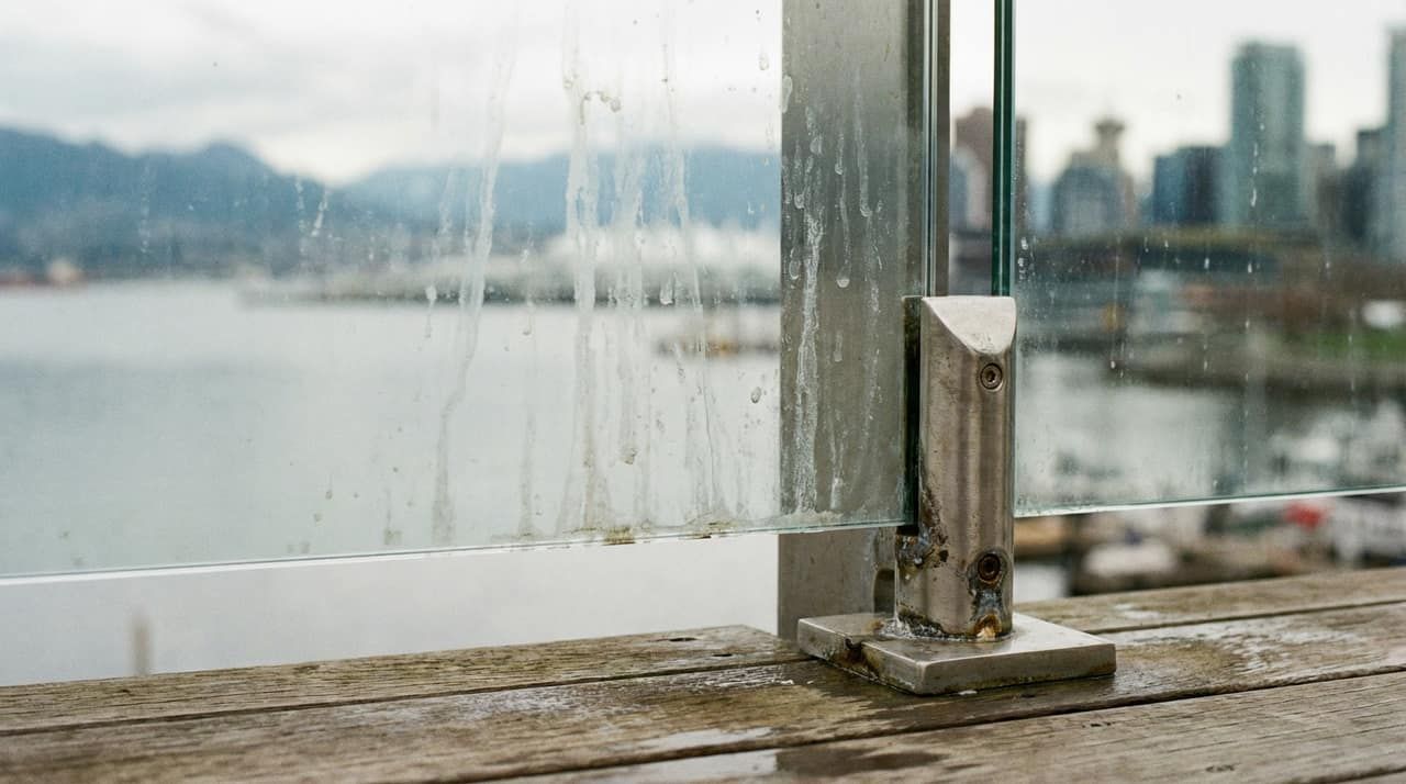 Close-up of a frameless glass railing spigot mount on a Vancouver waterfront deck with water spotting